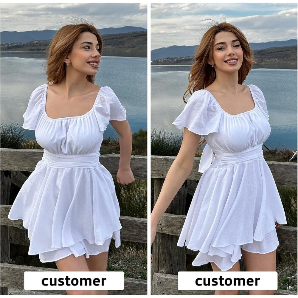 Women's White Tie Back Romper Dress Square Neck A Line Cute Dressy Short Sleeve - Picture 3 of 6